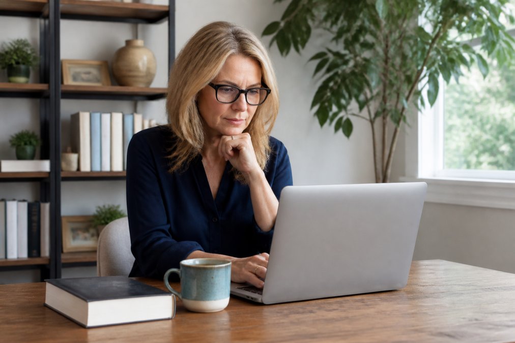 A consultant working on a laptop at a modern desk, reviewing an email newsletter draft with a published book and coffee mug nearby in a bright home office