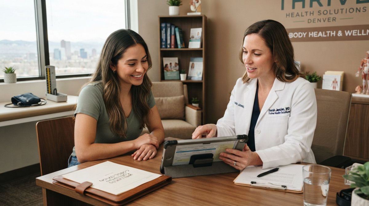 Healthcare provider in modern clinic setting discussing wellness goals with patient while reviewing medical records on tablet, both seated comfortably with natural lighting