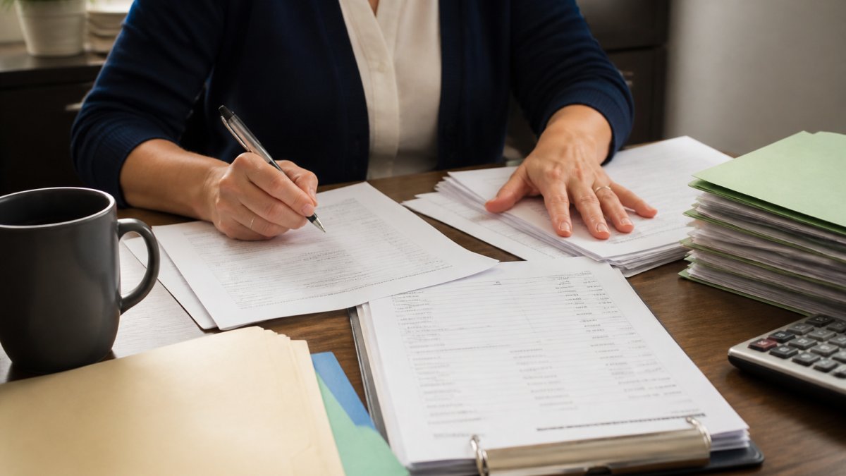Professional reviewing clinical records during a mental health revenue audit in a modern office.