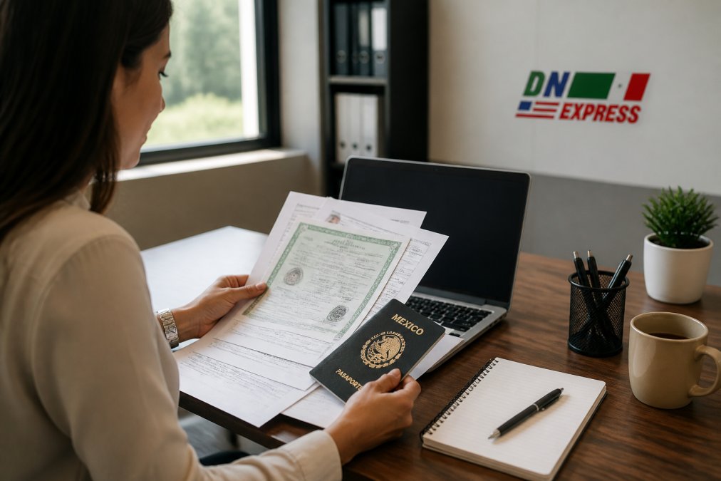 Person reviewing a passport and official papers for a Mexican citizenship document review at a desk.