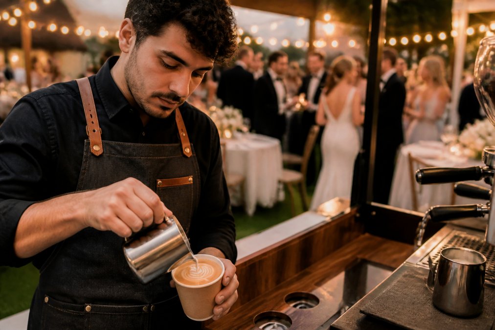 Professional barista preparing specialty coffee drinks at an outdoor wedding reception, pouring latte art with precision while guests in formal attire mingle in the background under string lights