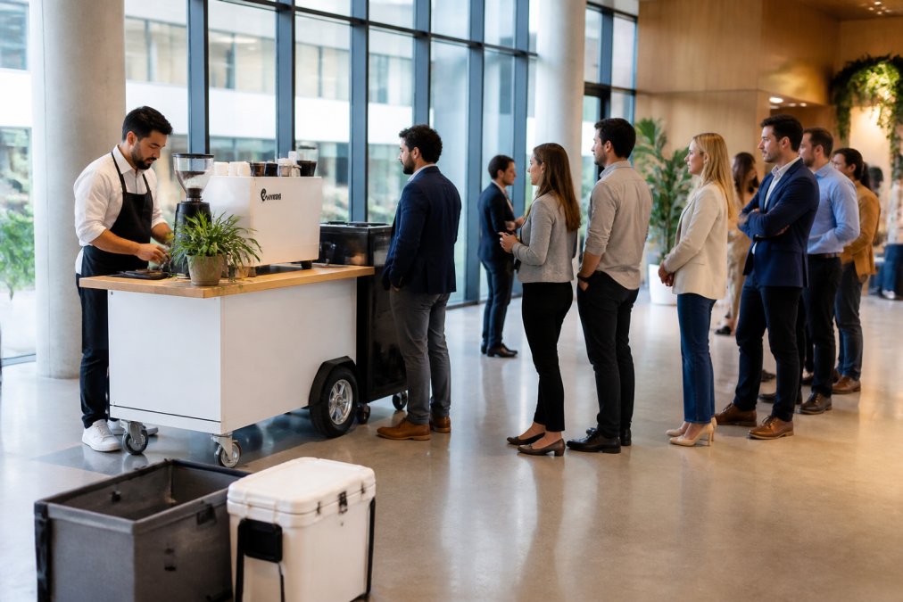 Fully equipped mobile coffee cart positioned in a modern office lobby with polished concrete floors, a line of professionals in business casual attire waiting for their drinks, barista in branded apron preparing beverages, natural daylight from large windows