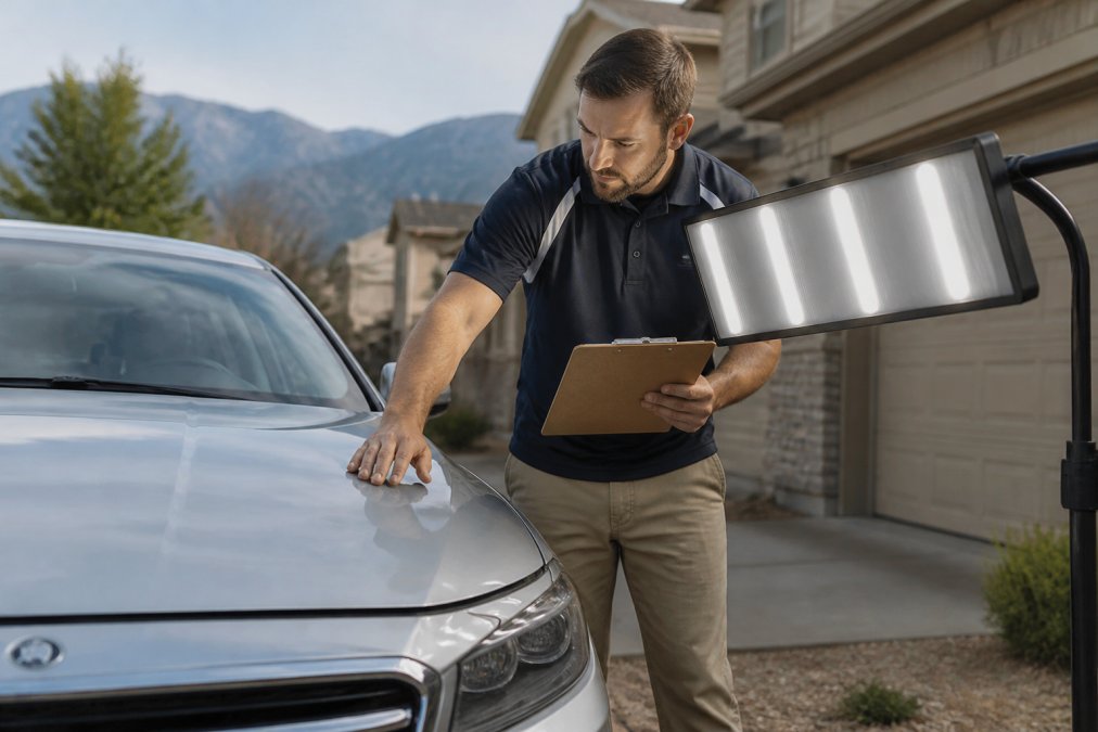 A certified dent technician in a branded polo shirt inspecting a silver sedan's hood with a mobile LED light board in a suburban Denver driveway, clipboard in hand