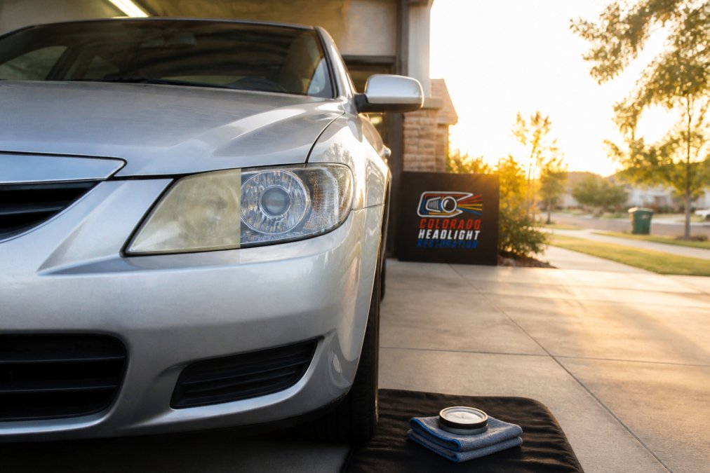 A silver sedan parked in a suburban driveway at golden hour, its driver's-side headlight half cloudy and half clear, with a microfiber cloth and polishing compound resting on a black mat beside the front tire
