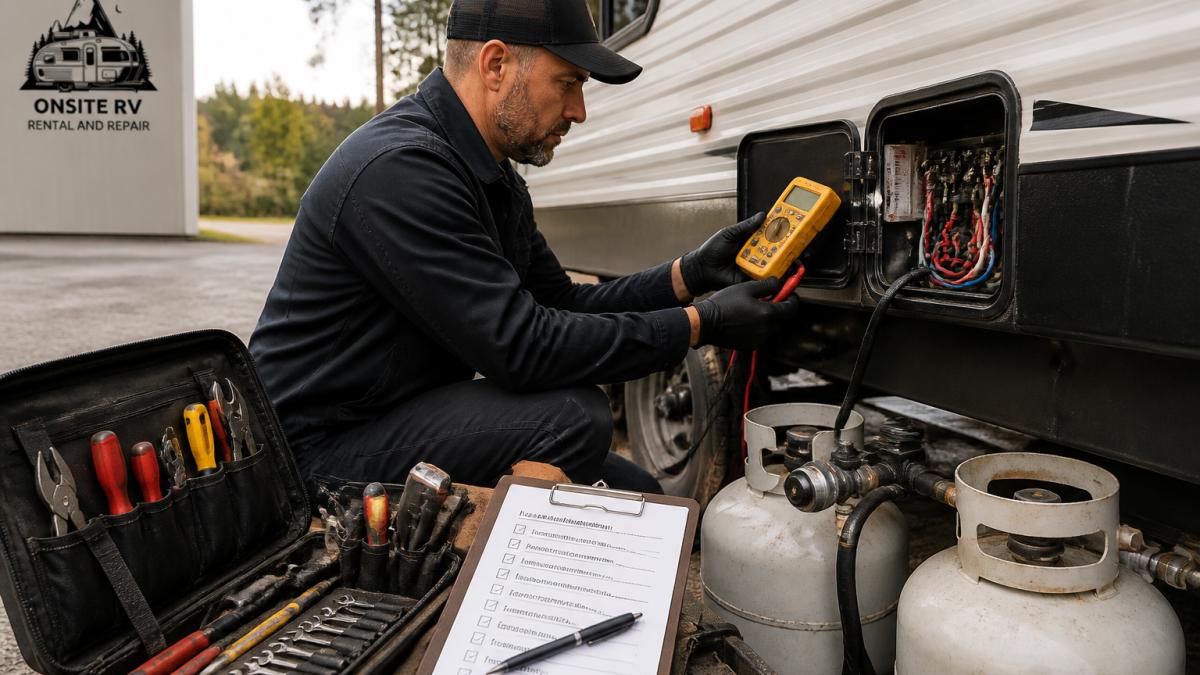 Professional RV technician using diagnostic equipment to inspect electrical connections and propane systems on an RV exterior, with toolbox open and inspection checklist visible