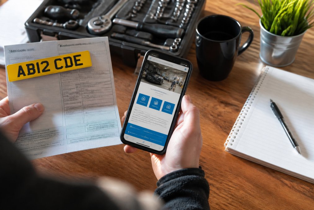 Close-up of hands holding a vehicle registration document and registration number clearly visible, with a smartphone displaying an online booking portal on a desk with natural daylight