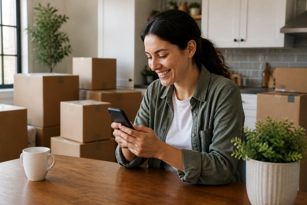A person sitting at a kitchen table with a smartphone in hand, smiling while looking at a cleaning service booking app, moving boxes visible in the background of a bright apartment
