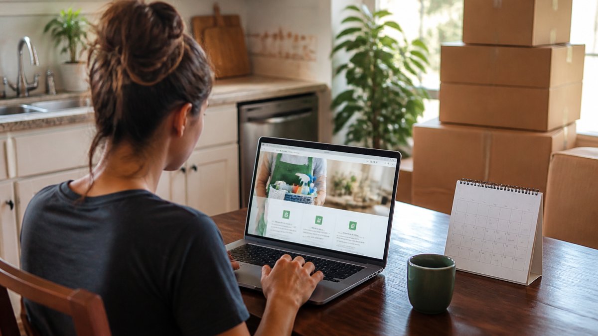 A person sitting at a kitchen table with a laptop open to a cleaning service booking page, a paper calendar and stacked moving boxes visible in the background, warm afternoon light