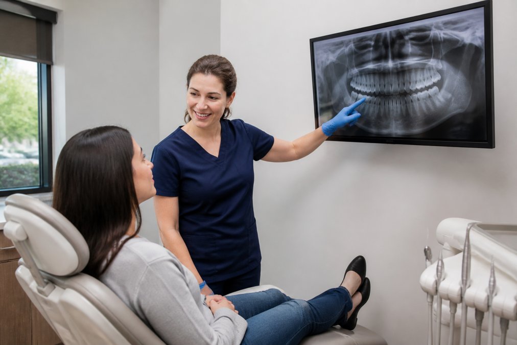 A dental hygienist in blue gloves showing a dental x-ray on a wall-mounted screen to a relaxed seated patient, modern treatment room with dental chair and equipment visible in soft natural light