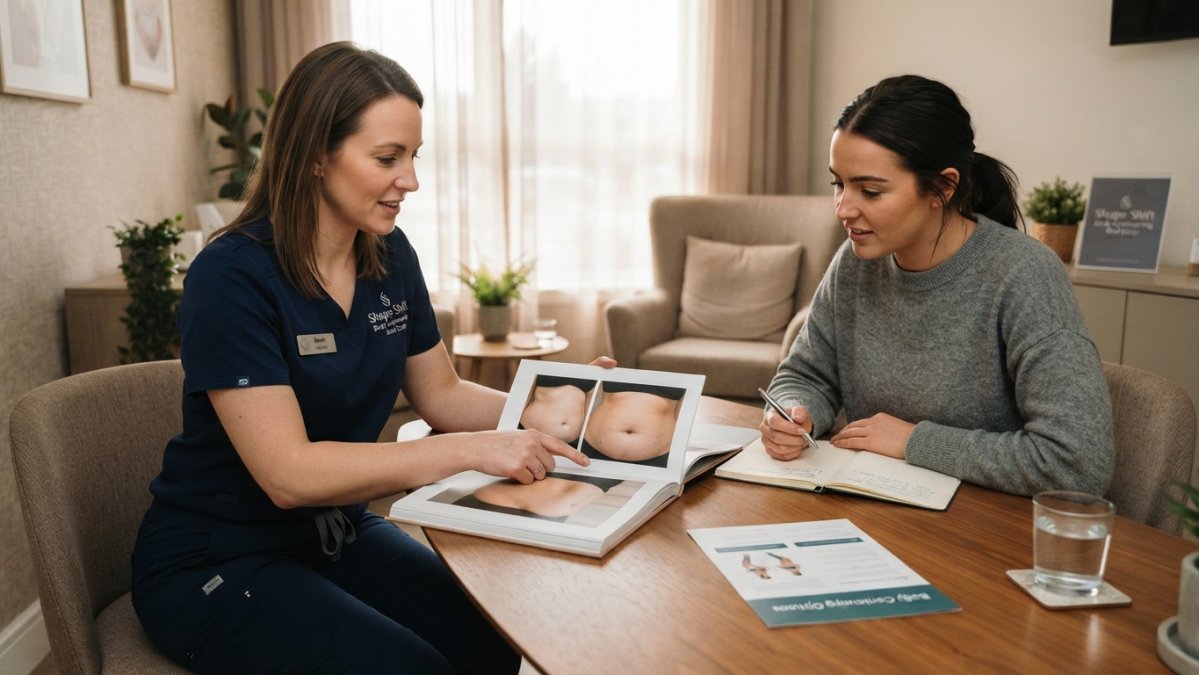 Professional body contouring consultant reviewing before-and-after photos with client in modern, calm consultation room with soft lighting and comfortable seating