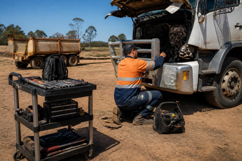 A mobile diesel mechanic in high-visibility workwear kneeling beside a large truck engine bay on a rural Queensland property, tool trolley and diagnostic laptop nearby, dusty ground and clear blue sky