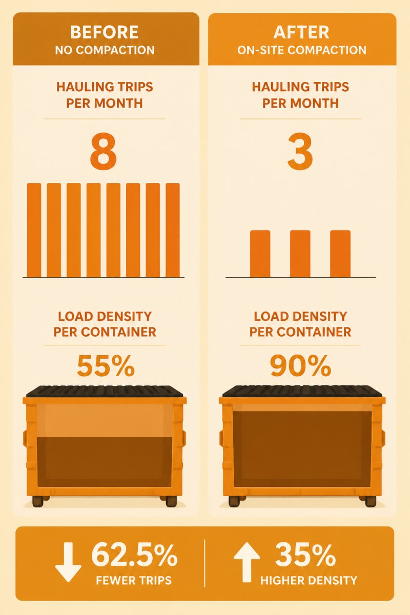 Bar chart comparing monthly hauling trips and container use before and after on-site compaction, showing pickups dropping from 8 to 3 per month and load density per container rising