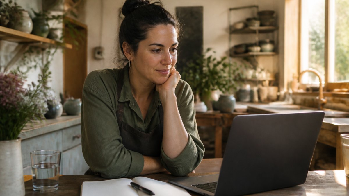 Person sitting comfortably at home in front of a laptop during a video call, appearing calm and focused, with a notebook and water glass nearby
