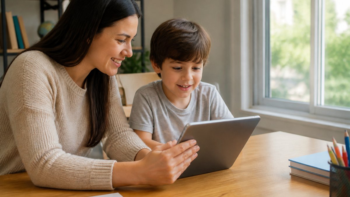 Parent and child using a tablet to book pediatric speech therapy evaluation online from a home desk.