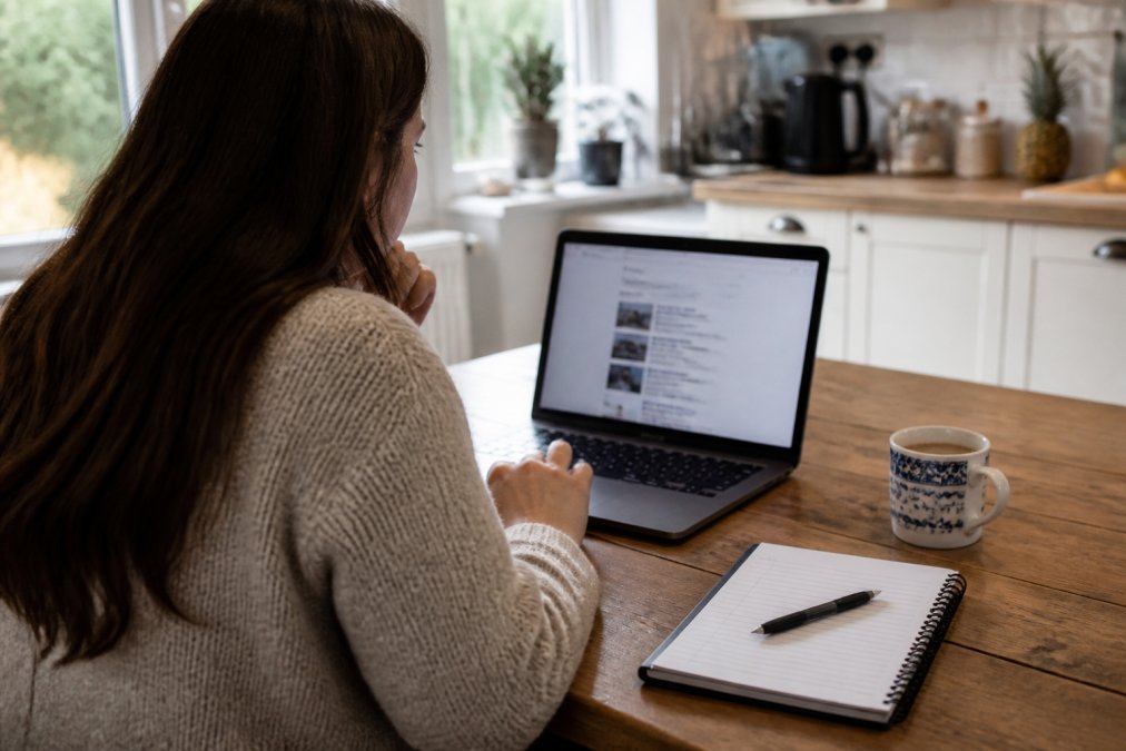 Person at a kitchen table booking a personal licence training course on a laptop with tea and a notepad