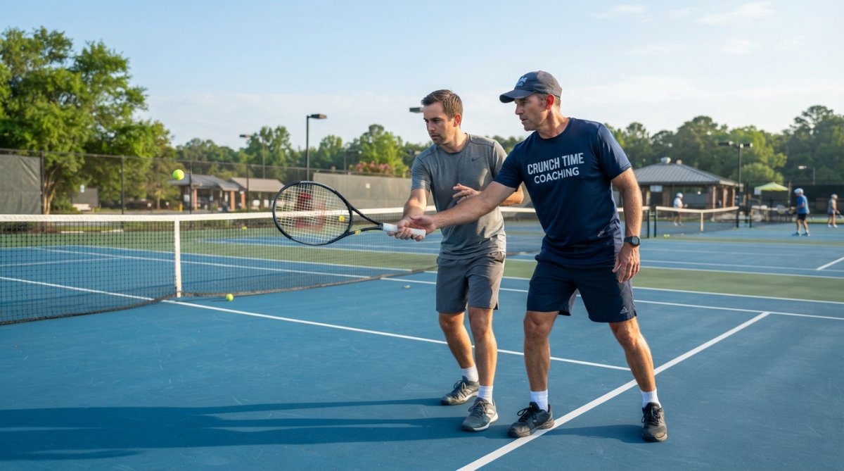 Professional tennis coach providing one-on-one instruction to adult player on outdoor court, demonstrating proper forehand stroke mechanics with personalized feedback, natural morning light