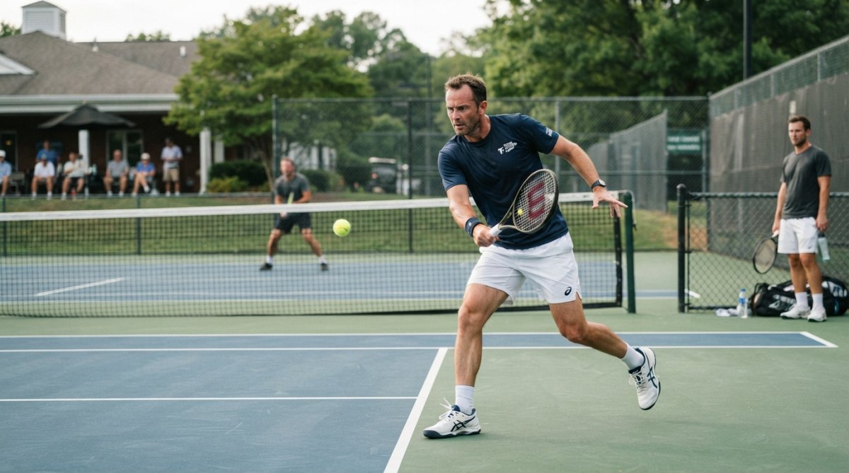 Adult tennis player in competitive match play, demonstrating footwork and technique on well-maintained professional court, focused expression during stroke execution