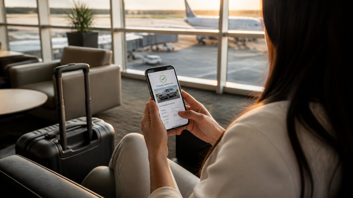 A traveller sitting in an airport lounge looking at a smartphone showing a booking confirmation, suitcase beside the seat, soft natural light through large terminal windows