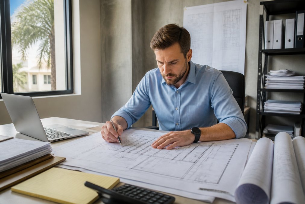 Professional engineer reviewing architectural plans and site survey documents at a desk with blueprints, laptop, and project notes visible in a modern office setting