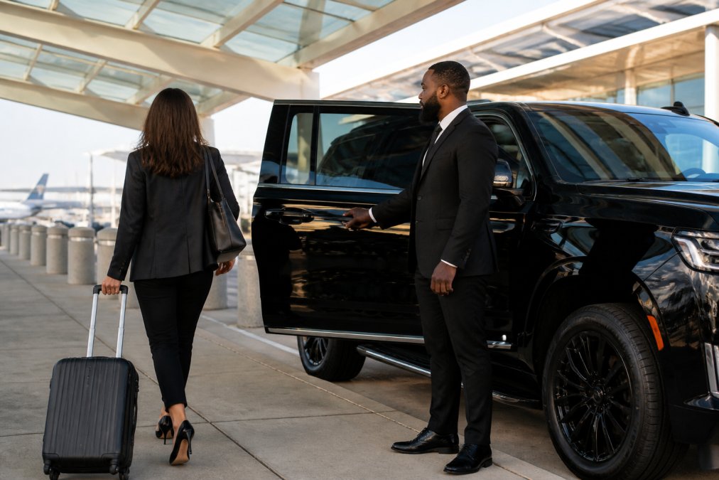 A professional chauffeur in a black suit standing beside a polished black luxury SUV at Charlotte Douglas International Airport, with a passenger approaching with luggage