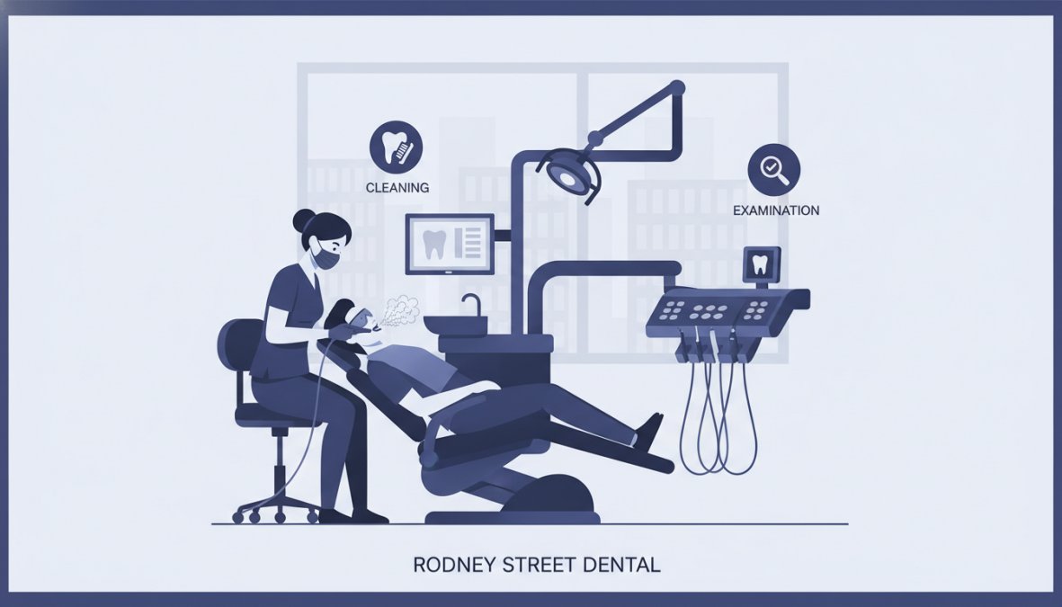 Dental hygienist performing professional cleaning on patient in modern private dental practice, showing clinical setting with dental chair and equipment in natural lighting