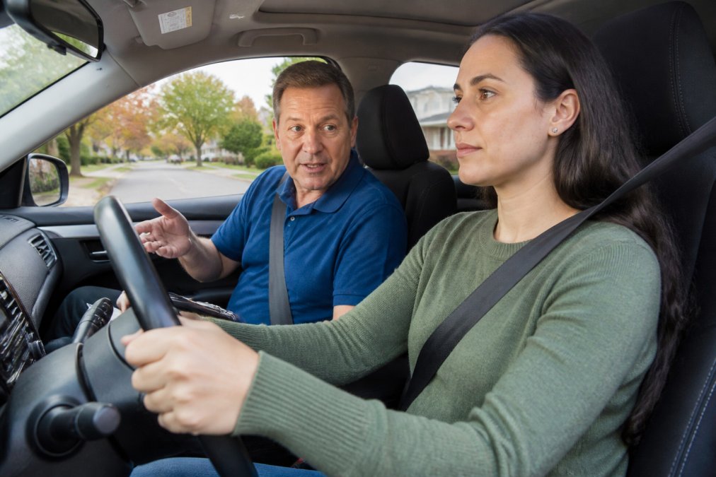 A calm, certified driving instructor sitting in the passenger seat of a dual-controlled car, speaking reassuringly to a focused adult student driver holding the steering wheel on a suburban Westchester street