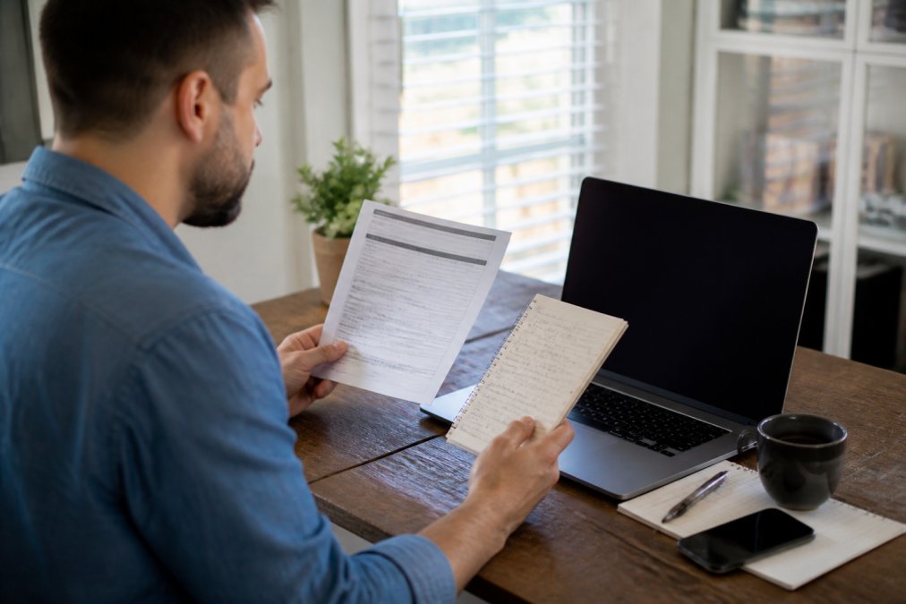 Man sitting at home desk with laptop open, holding medical records and handwritten notes about symptoms, preparing for a virtual doctor consultation with natural window lighting