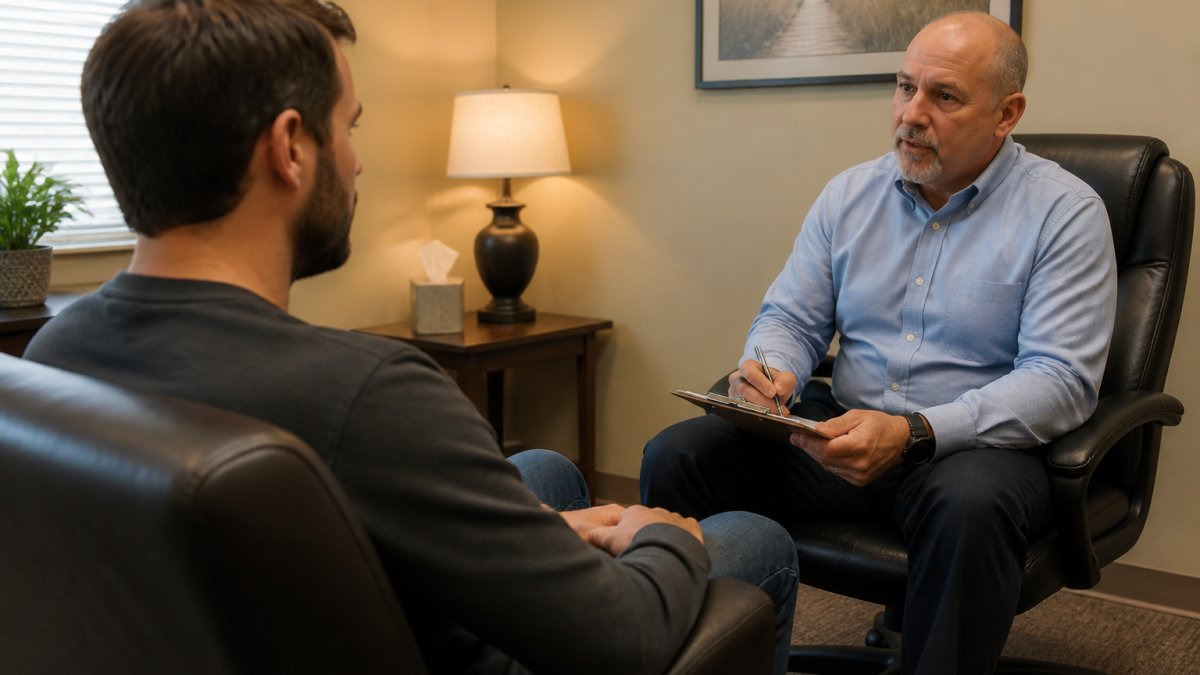 Professional polygraph examiner conducting pre-test consultation with client in private, confidential testing room with neutral décor and comfortable seating
