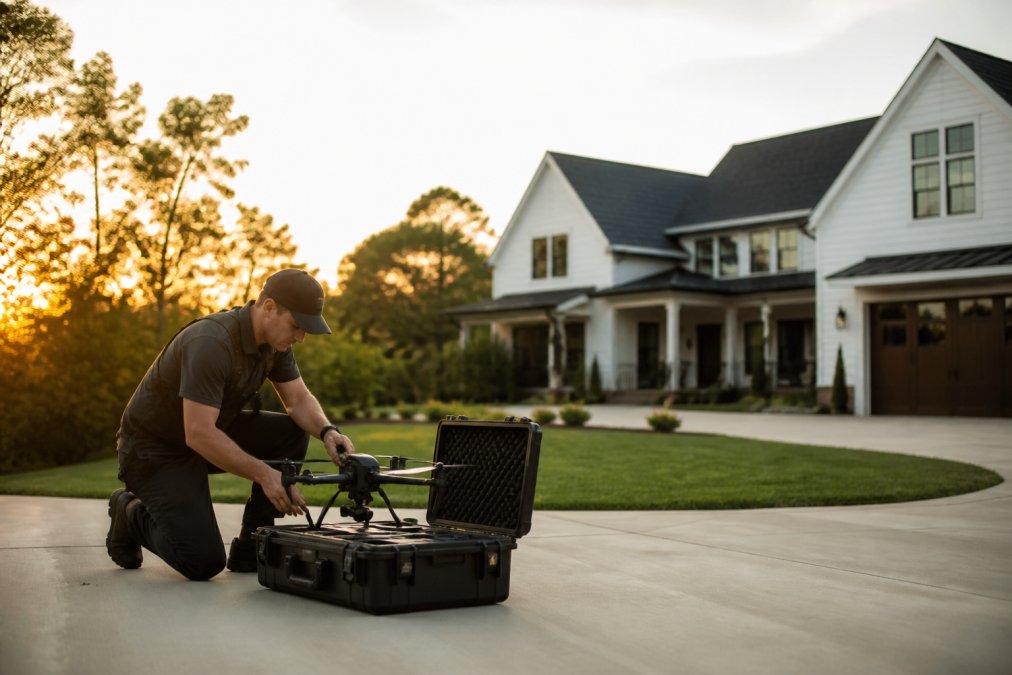 Drone operator in professional gear preparing equipment on a residential property driveway, with a large modern home visible in the background during golden hour lighting