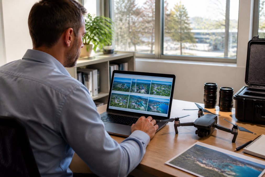 Business professional in office reviewing drone footage on laptop screen, with portfolio thumbnail images visible on display, bright natural window lighting