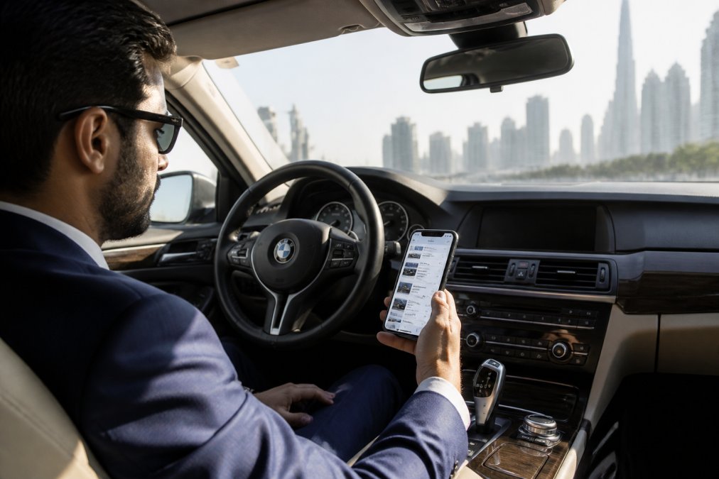 A driver in business attire sitting in a parked car, holding a smartphone showing a workshop comparison list, bright Dubai sunlight streaming through the windshield
