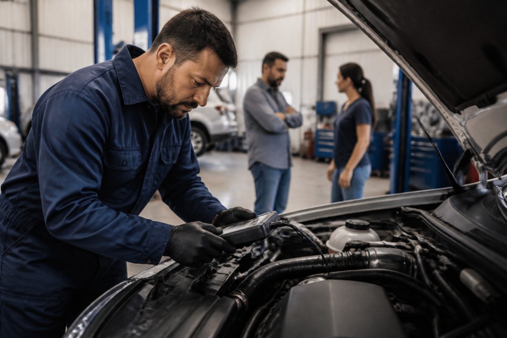 Professional mechanic in workshop using modern diagnostic scanning equipment on vehicle engine, with customer discussing service in background, natural workshop lighting