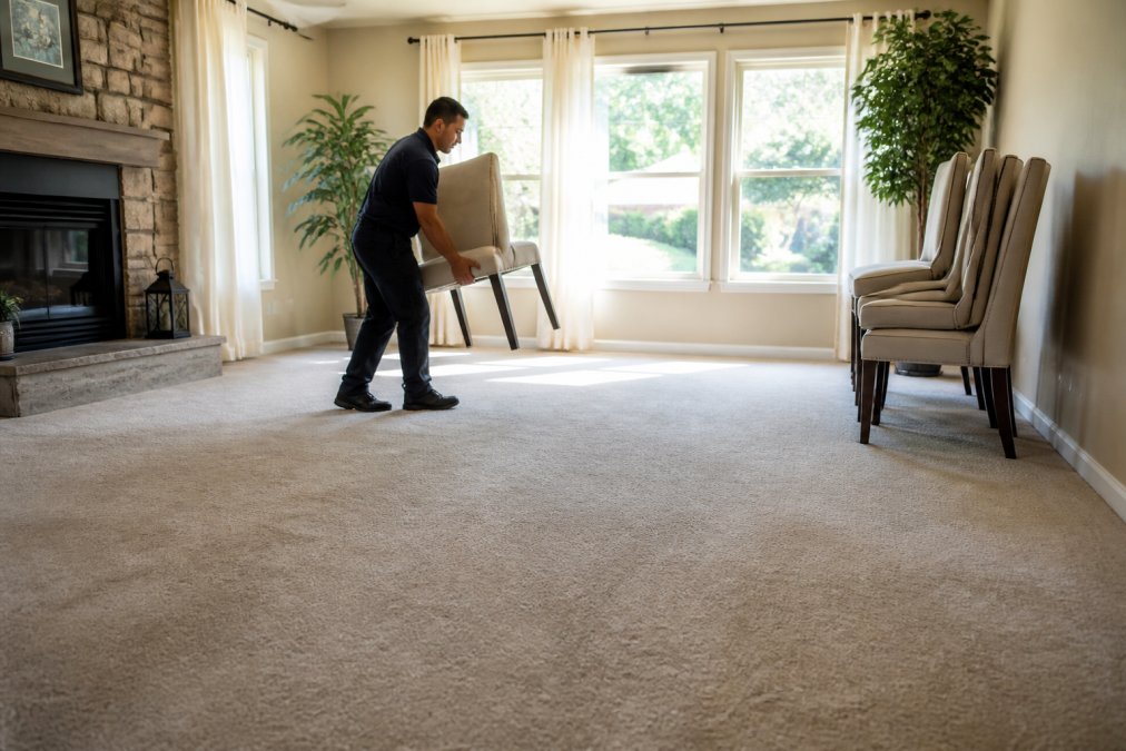 Homeowner moving furniture and stacking chairs to the side of a living room while clearing the space, with natural light streaming through windows and carpet fully exposed