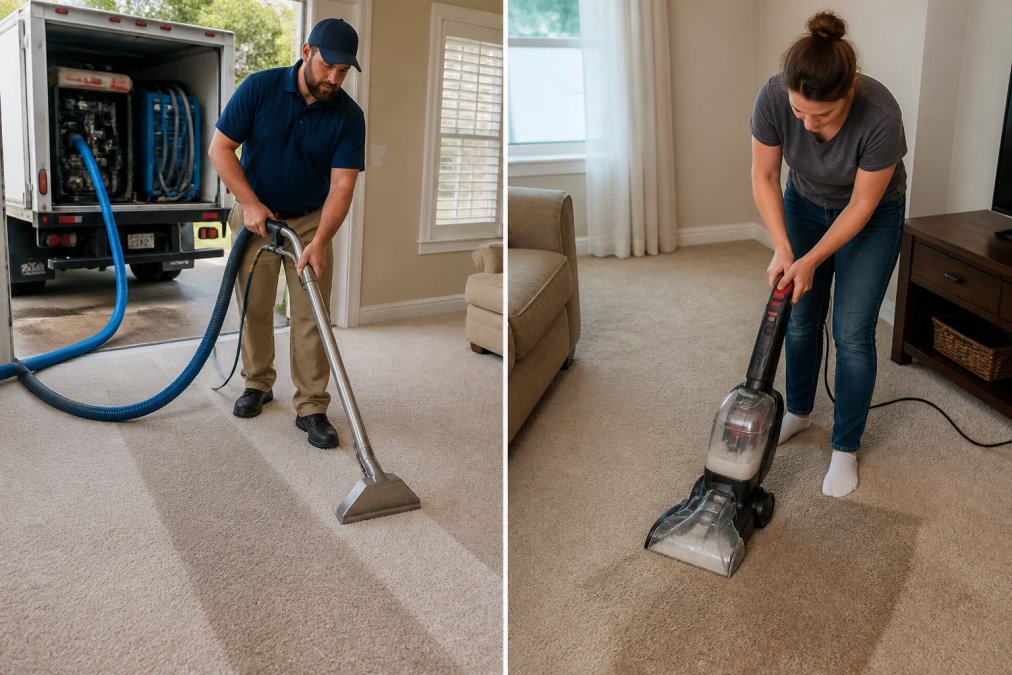 Professional carpet cleaning technician operating hot water extraction equipment on residential carpet, with truck-mounted system hose connected and carpet being cleaned in methodical passes