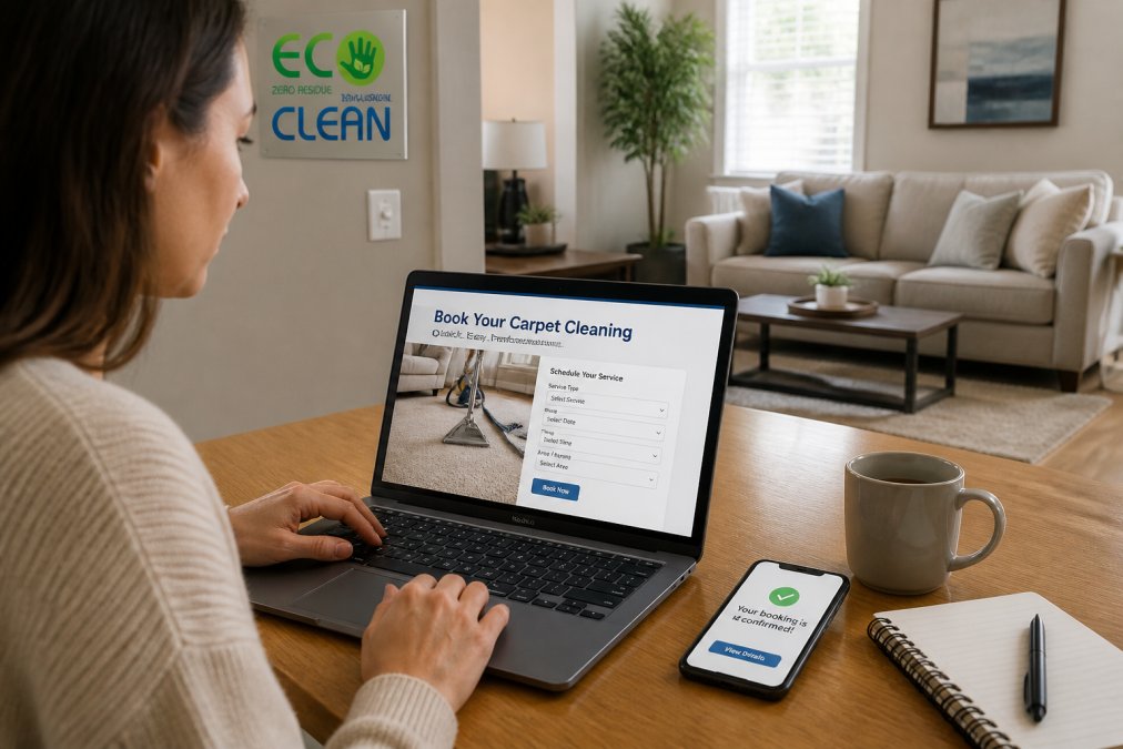 Step-by-step guide to book professional carpet cleaning online using a laptop and smartphone in a cozy home setting