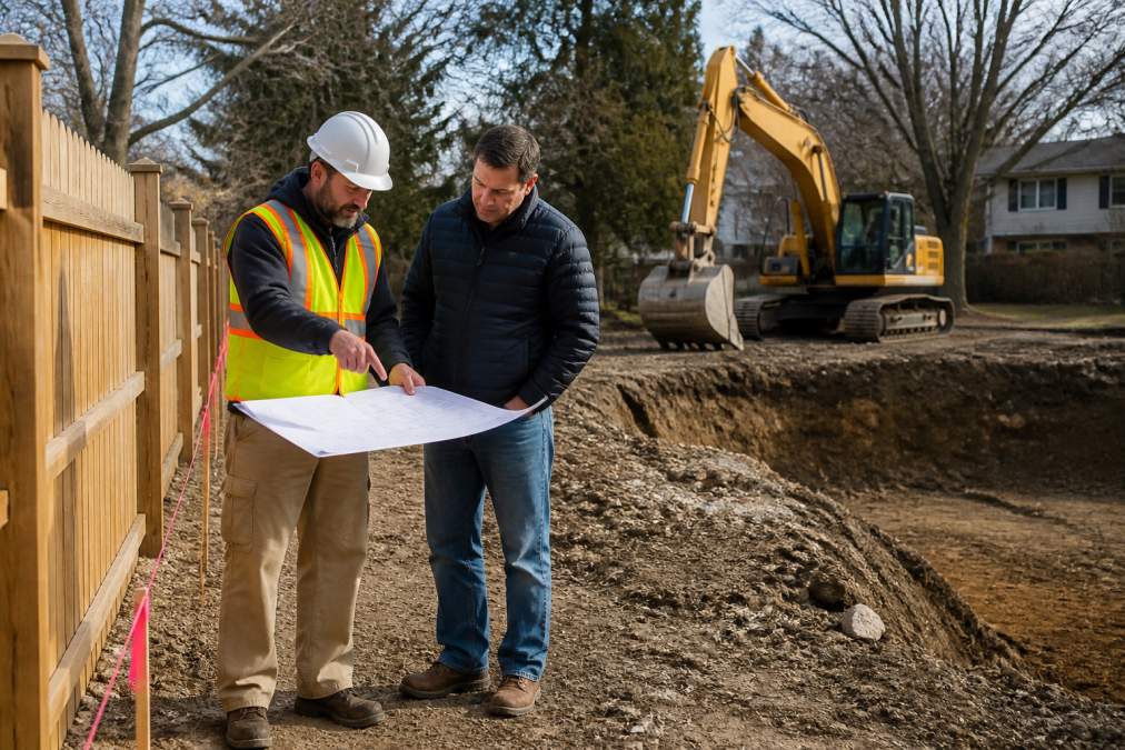 Excavation crew supervisor reviewing site plans and measurements with homeowner at property boundary, heavy equipment visible in background