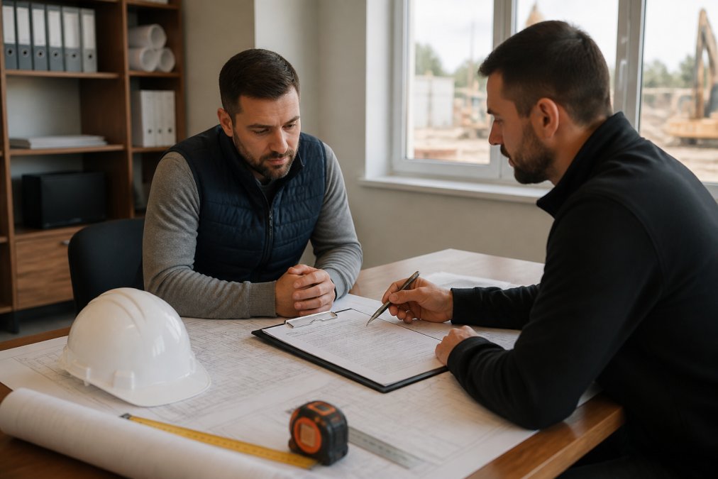 Professional contractor meeting with client indoors, reviewing project details and contract documents at a desk