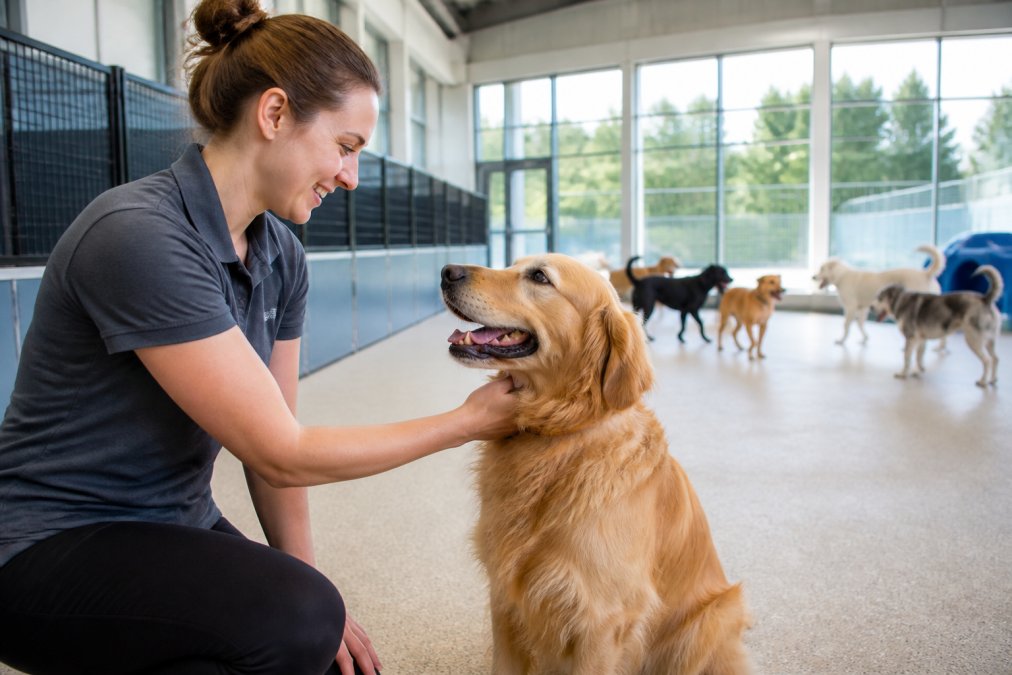 Staff member greeting a happy dog as you book professional dog daycare in a bright, spacious indoor facility.