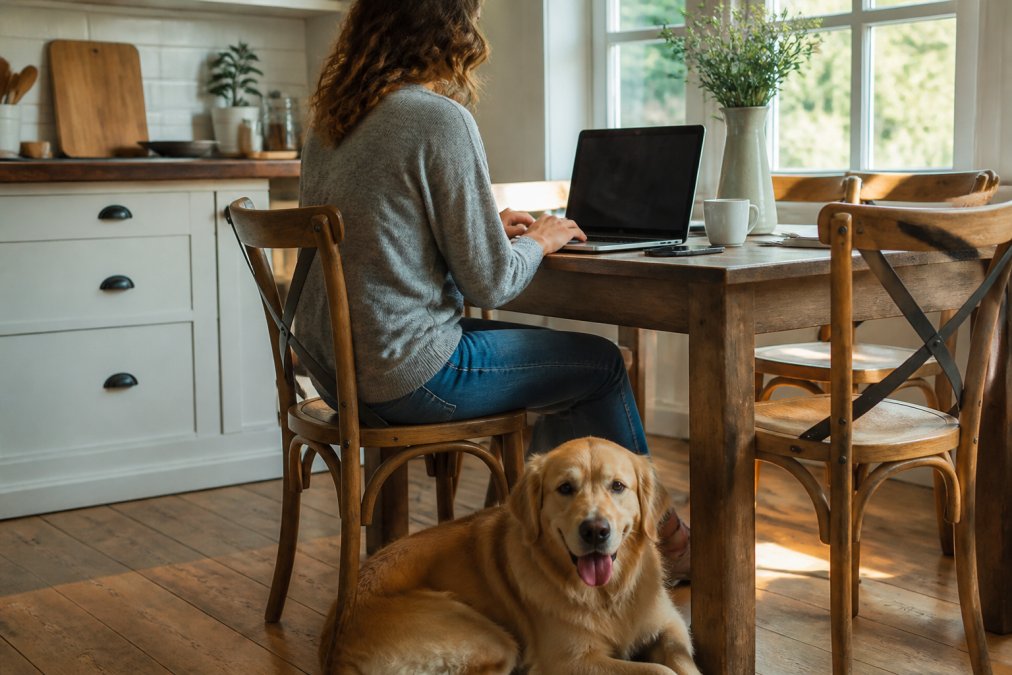 A pet owner sitting at a kitchen table with a laptop open to a grooming booking page, a calm golden retriever resting at their feet, warm afternoon light through the window