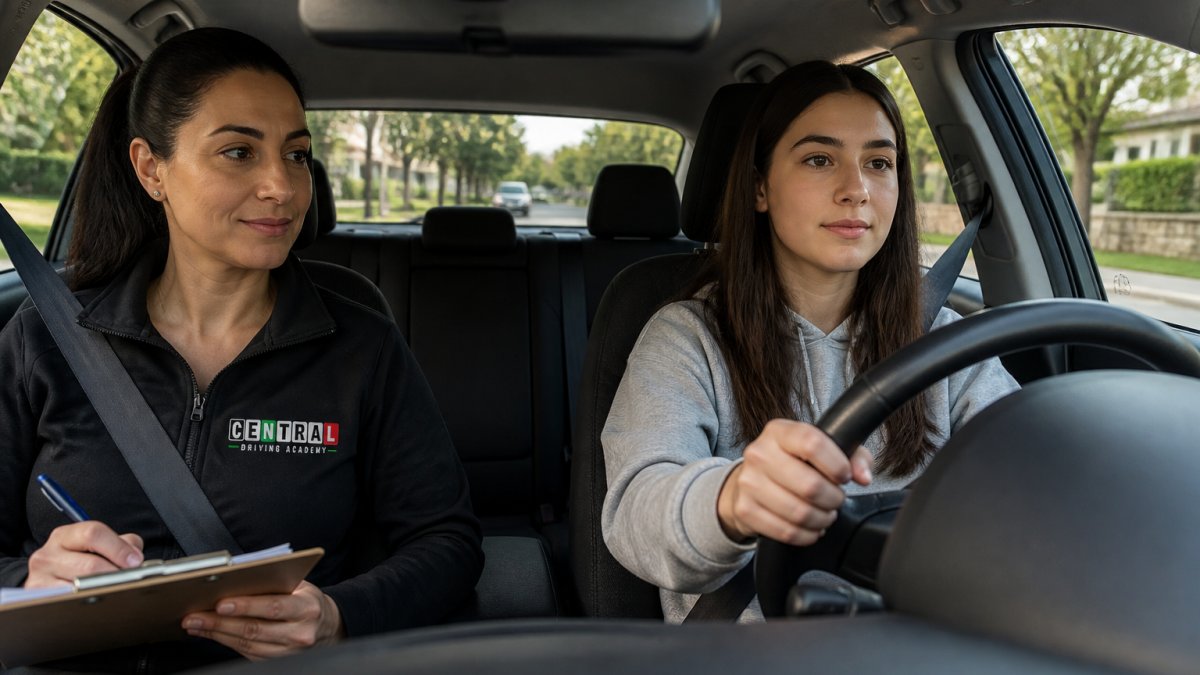 A calm driving instructor sitting beside a teenage learner in a clean sedan, both wearing seatbelts, the student's hands on the wheel, residential street visible through the windshield