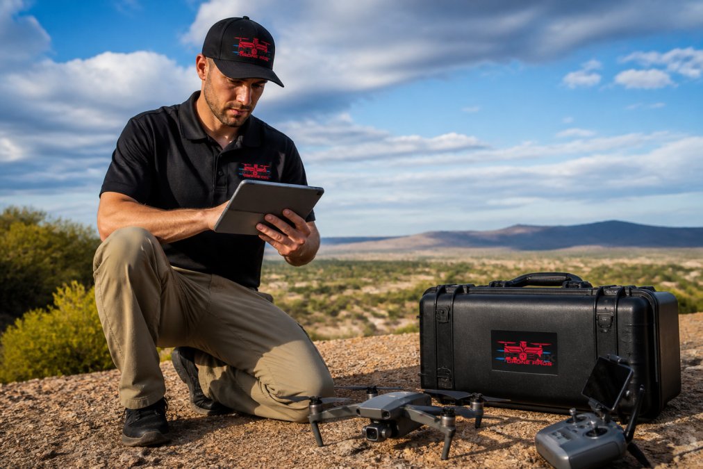 Professional drone pilot in outdoor setting reviewing flight plan on tablet computer, with DJI drone and equipment case visible on ground nearby, natural daylight