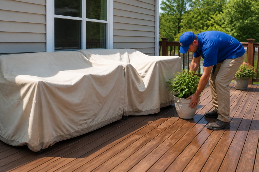 Homeowner securing outdoor furniture and potted plants against house exterior, preparing property for professional cleaning service on sunny day