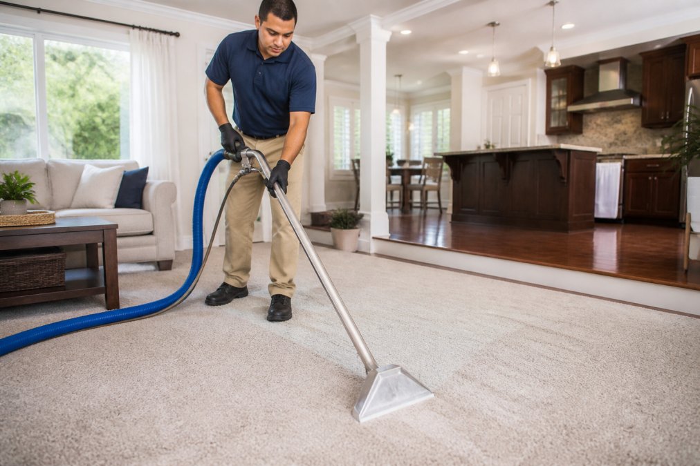 Professional technician using steam cleaning equipment on residential carpet in bright living room with hardwood floors visible in background