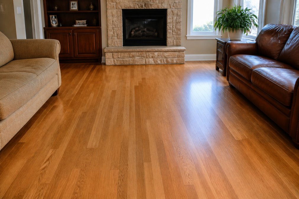 Clean, organized living room with furniture moved to edges and clear floor space, ready for professional cleaning service