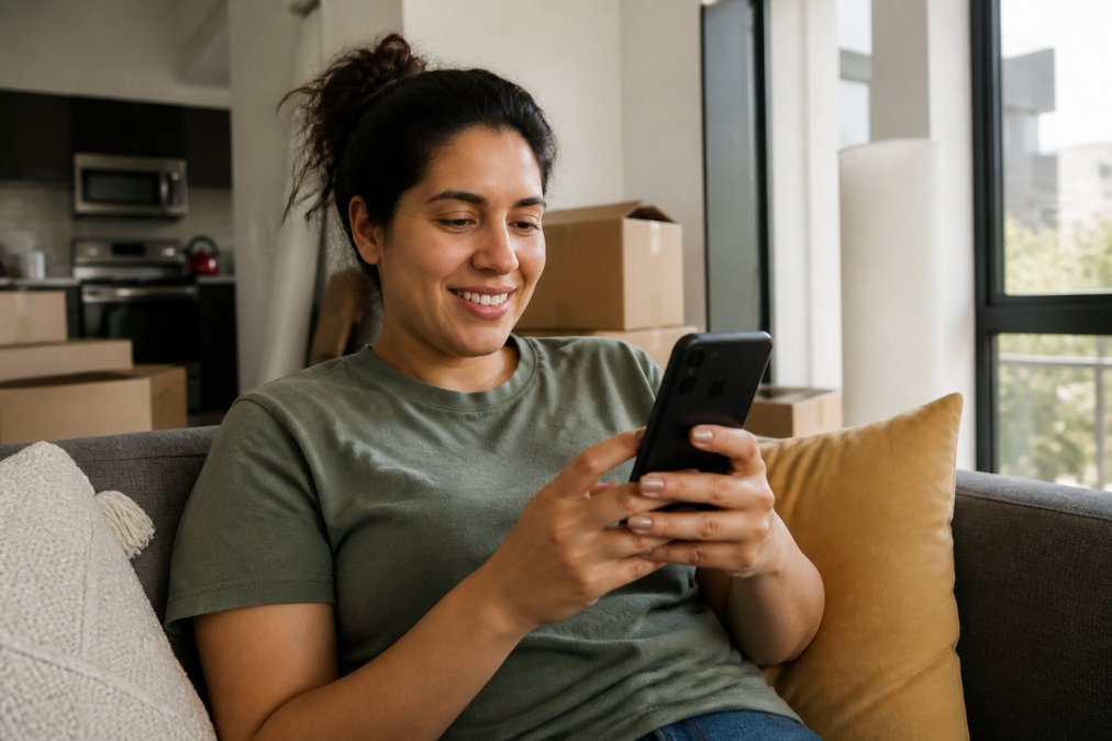 Person smiling while booking professional furniture movers on a smartphone app in a bright apartment