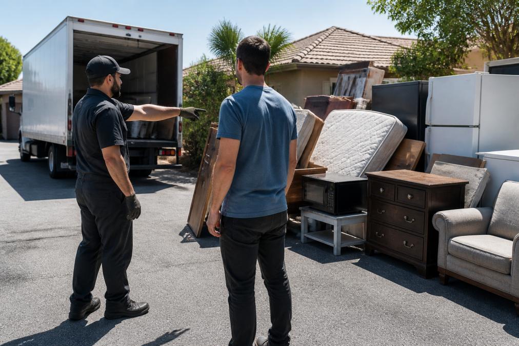 Homeowner and professional junk removal crew member discussing a pile of old furniture in a sunny driveway