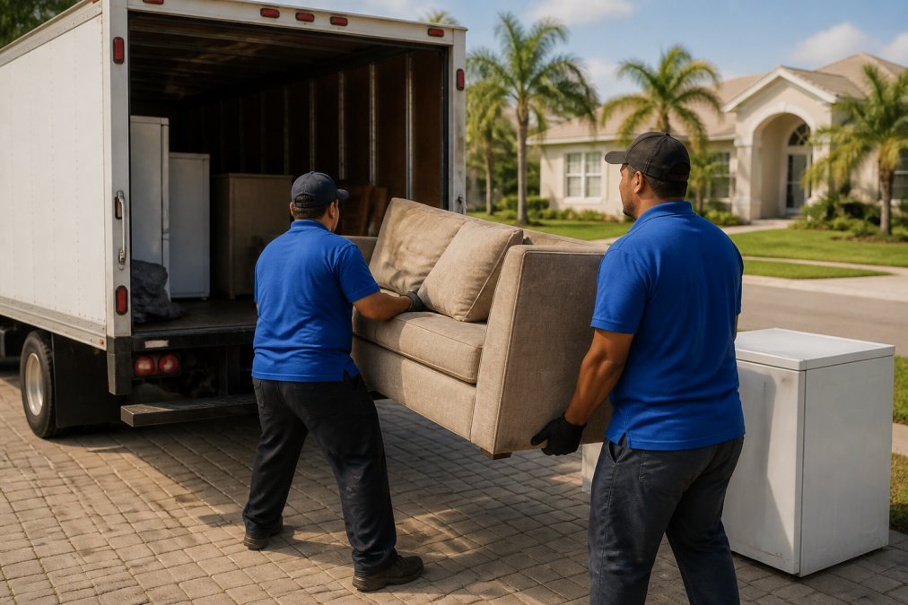 Two junk removal workers in branded shirts loading bulky furniture and old appliances into a large hauling truck parked in a sunny Tampa residential driveway