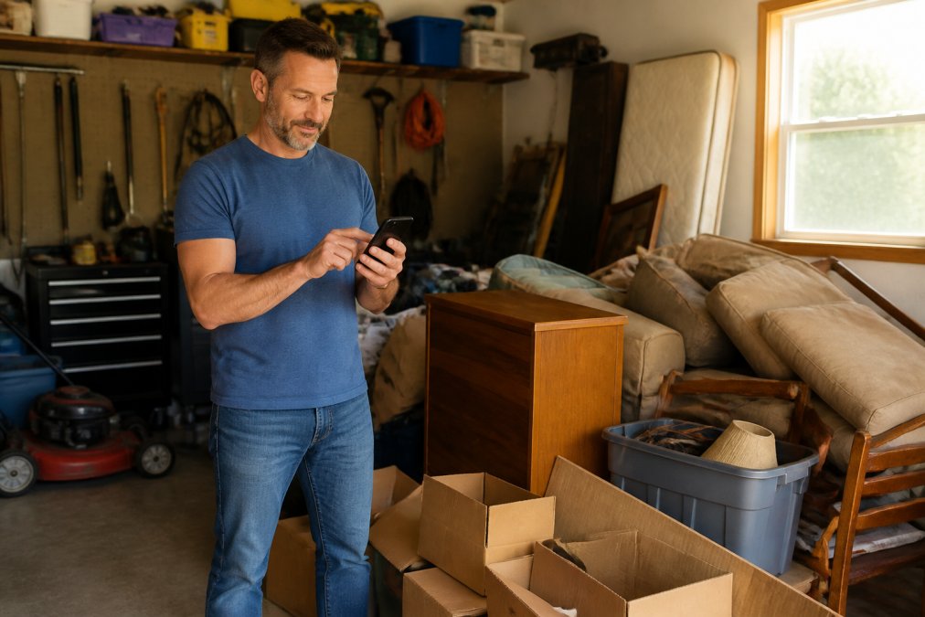 A homeowner using a smartphone to book a junk removal appointment online while standing next to a pile of old furniture and boxes in a cluttered garage, warm natural light coming through a side window