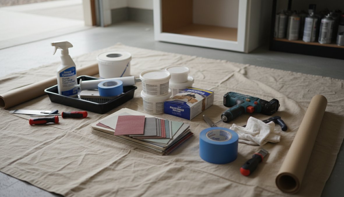 A professional painter carefully sanding cabinet doors and drawer fronts laid flat on a drop cloth in a bright residential kitchen, with degreaser spray bottles, sandpaper blocks, and blue painter's tape visible in the foreground