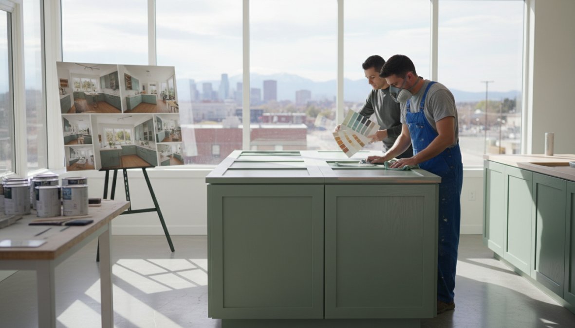 A beautifully refinished modern kitchen with smooth, showroom-worthy cabinet doors in a muted sage green tone, bright natural light streaming through a window over the sink, set in a Denver-style home interior with warm wood accents and open shelving